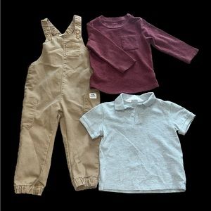 Lot Of 3 Toddler Boy Size 2T Khaki Overalls Long Sleeve Short Sleeve Shirt